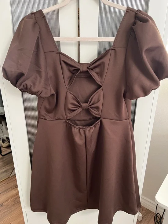 SHEIN Chocolate Brown Square-Neck Puff-Sleeve Mini Dress - Picture 2 of 2